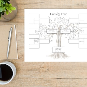 May include: A printable family tree template with a gray watercolor tree design. The template has spaces for names, dates, and locations. The text "Family Tree" is at the top of the page.