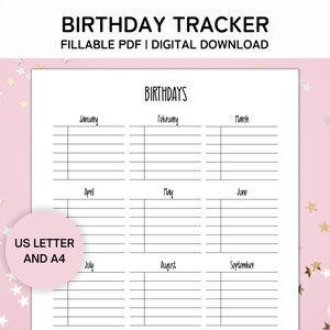 Seguimiento de cumpleaños imprimible, Calendario de cumpleaños PDF editable, Recordatorio de cumpleaños, Plantilla de cumpleaños, Planificador de cumpleaños, Seguimiento de eventos, Carta A4