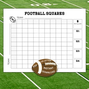 Puede incluir: Una plantilla de juego de cuadrados de fútbol imprimible con un gráfico de balón de fútbol marrón. La plantilla incluye espacios para los nombres de los equipos, el precio por cuadrado y la puntuación de cada cuarto.