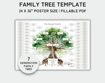 Family Tree Template 7 Generation, Family Tree Chart, 24x36" Poster, Family Reunion, Pedigree Chart, Genealogy Chart, Fillable PDF
