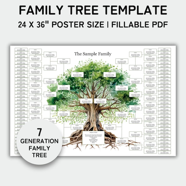 Family Tree Template 7 Generation, Family Tree Chart, 24x36" Poster, Family Reunion, Pedigree Chart, Genealogy Chart, Fillable PDF