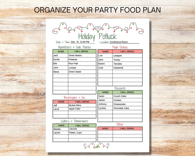 Christmas Potluck Sign up Sheet Printable, Food Sign up Sheet ...