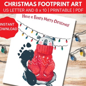 Christmas Footprint Art, Handprint and Footprint Christmas Craft Activity or Keepsake for Toddlers and Kids, Christmas Bear