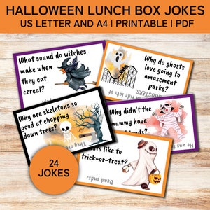 Enigmas de Halloween, notas de lancheira de piadas para crianças, piadas de Halloween para crianças para impressão, cartões de lancheira, download instantâneo, carta e A4