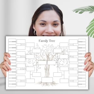 May include: A printable family tree chart with a gray and white watercolor tree design. The chart has spaces for names and dates. The text "Family Tree" is at the top of the chart.