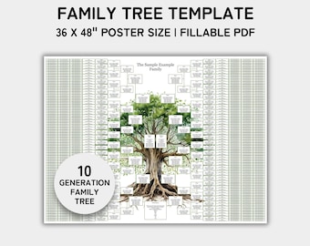 May include: A printable family tree template with 10 generations, designed for a 36 x 48 inch poster. The template is fillable and includes a sample family tree with the text "The Sample Example Family".
