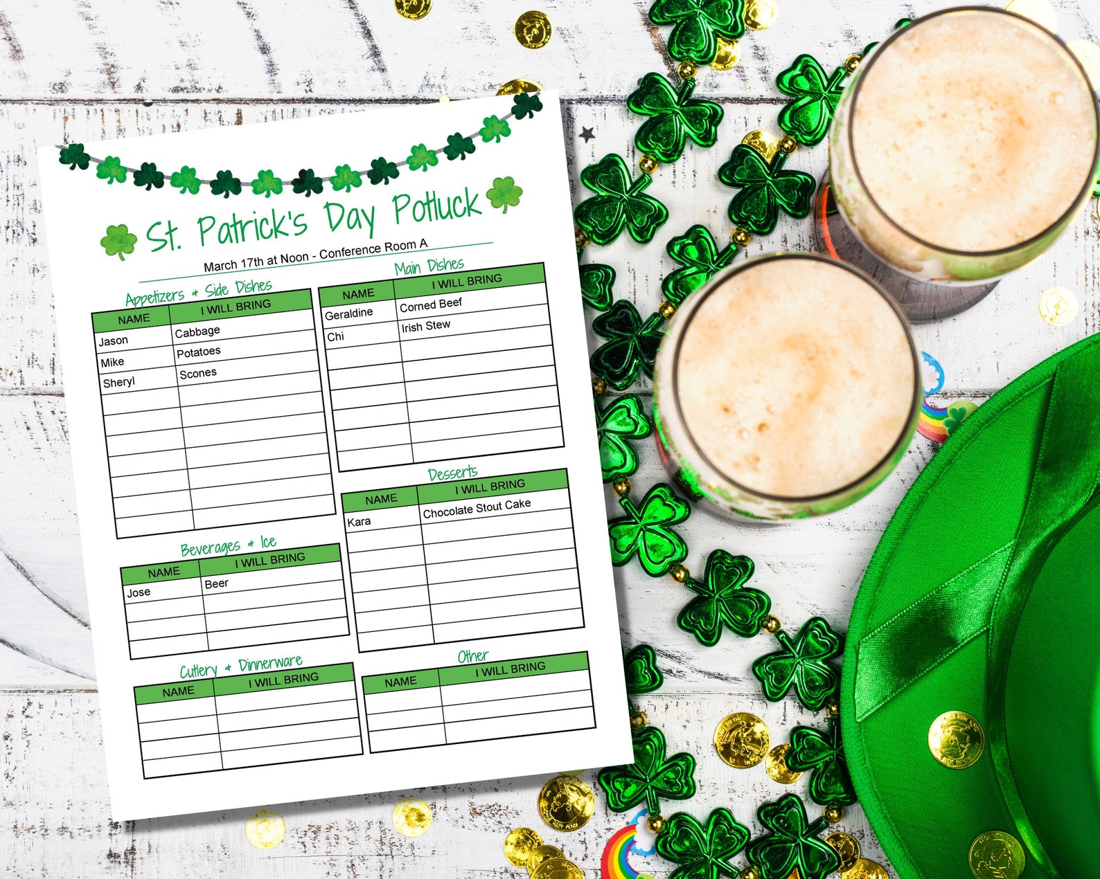 St. Patrick's Day Potluck Sign up Sheet Printable, Food Sign up Sheet ...