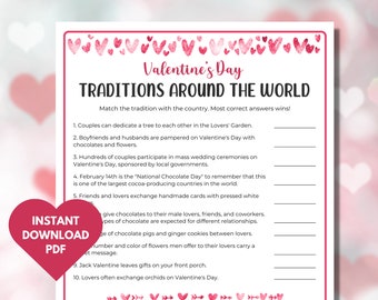 Valentines Day Trivia Game, Traditions Around the World Trivia, Valentines Printable, Valentine Party Game, Valentine Trivia