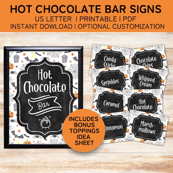 Halloween Hot Chocolate Bar Sign and Labels for Hot Cocoa Bar, Halloween Party Decor, Printable Chalkboard Signs for Hot Chocolate Party