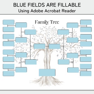 May include: A printable family tree template featuring a watercolour tree design. The template has blue fillable fields for names and dates. The text "Family Tree" is at the top of the template.