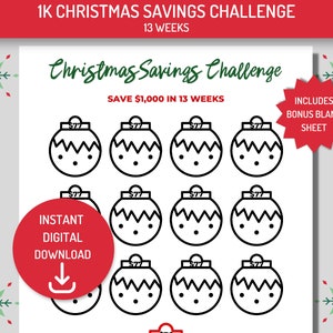 Desafio de economia de Natal 1K para impressão, 13 semanas, rastreador de economia, PDF, download instantâneo A4 e carta, folha em branco bônus
