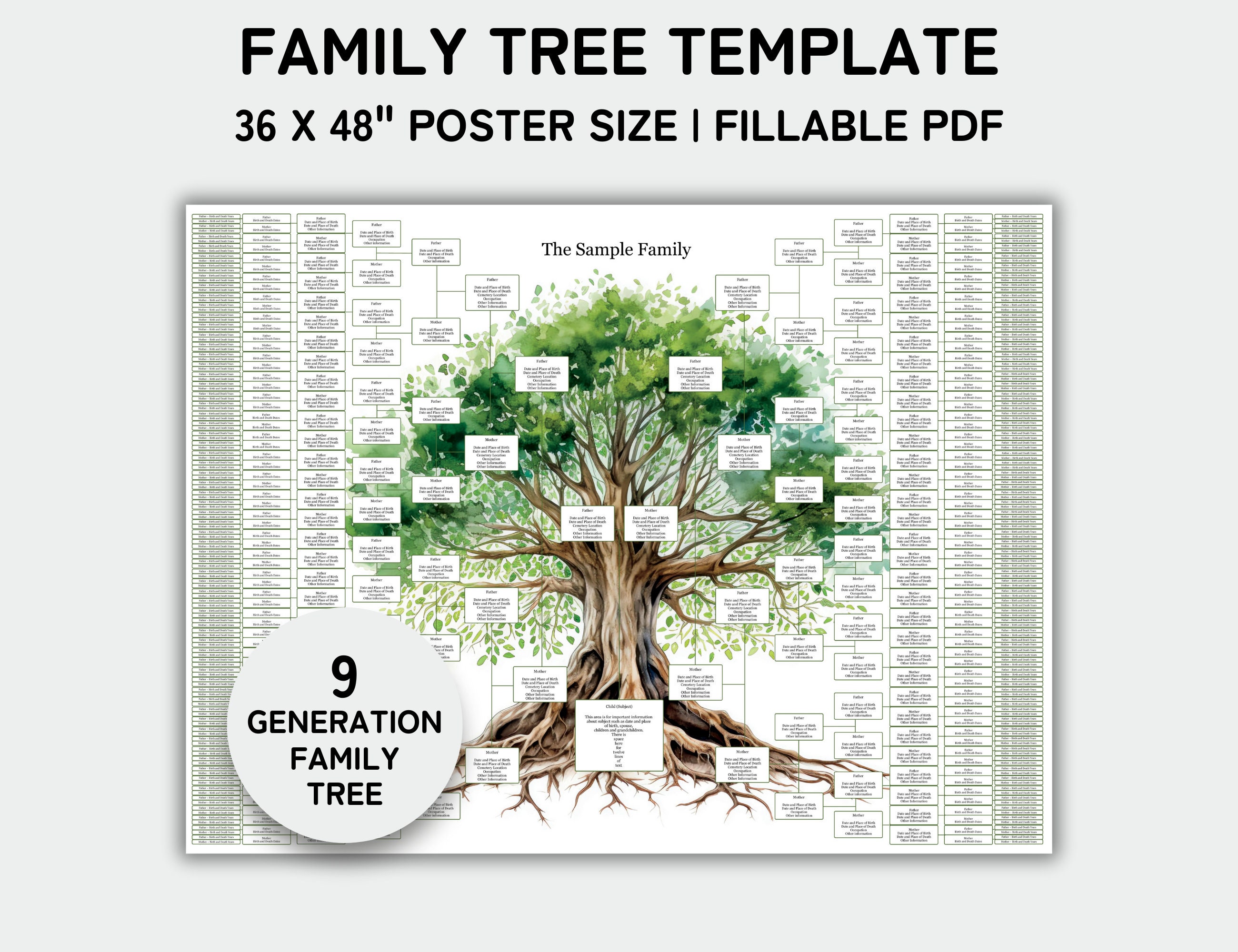 Family Tree Template 9 Generation, Family Tree Chart, 36x48