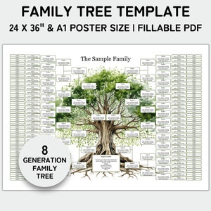 Family Tree Template 8 Generation, Family Tree Chart, 24x36" and A1 Poster, Family Reunion, Pedigree Chart, Genealogy Chart, Fillable PDF