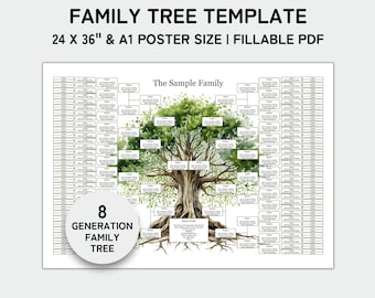 Family Tree Template 8 Generation, Family Tree Chart, 24x36" and A1 Poster, Family Reunion, Pedigree Chart, Genealogy Chart, Fillable PDF