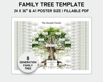 Family Tree Template 8 Generation, Family Tree Chart, 24x36" and A1 Poster, Family Reunion, Pedigree Chart, Genealogy Chart, Fillable PDF