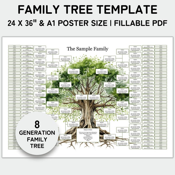 Modèle d'arbre généalogique 8 générations, arbre généalogique, affiche 24 x 36 pouces et A1, réunion de famille, arbre généalogique, tableau généalogique, PDF à remplir