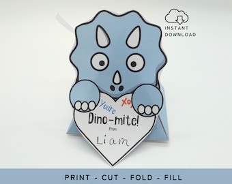 Tarjeta de San Valentín con dinosaurios imprimible, manualidad para recortar y pegar, San Valentín sin dulces, caja de regalo DIY, manualidad 3D, San Valentín para clase, intercambio de San Valentín