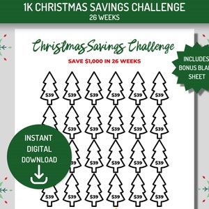 Desafio de economia de Natal 1K para impressão, 26 semanas, rastreador de economia, PDF, download instantâneo A4 e carta, folha em branco bônus