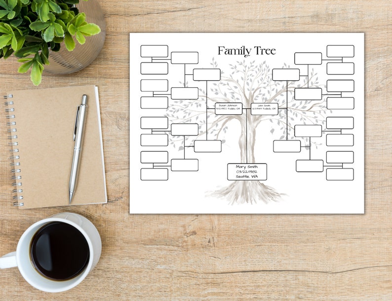 May include: A printable family tree template featuring a grey tree illustration and blank boxes for names and dates. The text "Family Tree" is at the top of the page. The bottom of the page includes the text "Mary Smith, 01/22/1993, Seattle, WA".
