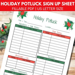 Christmas Potluck Sign Up Sheet Printable, Food Sign Up Sheet, Christmas Potluck Party, Fillable PDF, Office Potluck Template