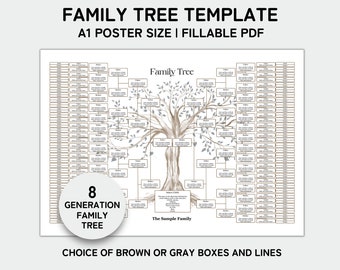 May include: A printable family tree template in A1 poster size. The template features a brown tree with gray leaves and boxes for names and dates. It includes space for 8 generations and the text "Family Tree" and "The Sample Family".