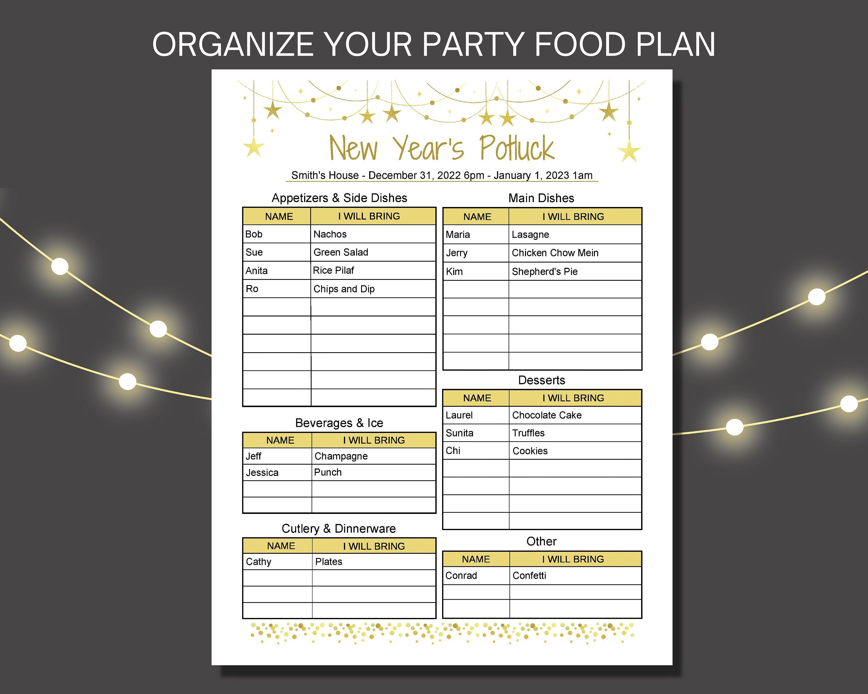 New Year's Potluck Sign up Sheet Printable, Food Sign up Sheet, New