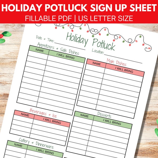 Weihnachten Potluck Sign Up Sheet, Food Sign Up Sheet, Weihnachts Potluck Party, ausfüllbare PDF, Office Potluck Vorlage