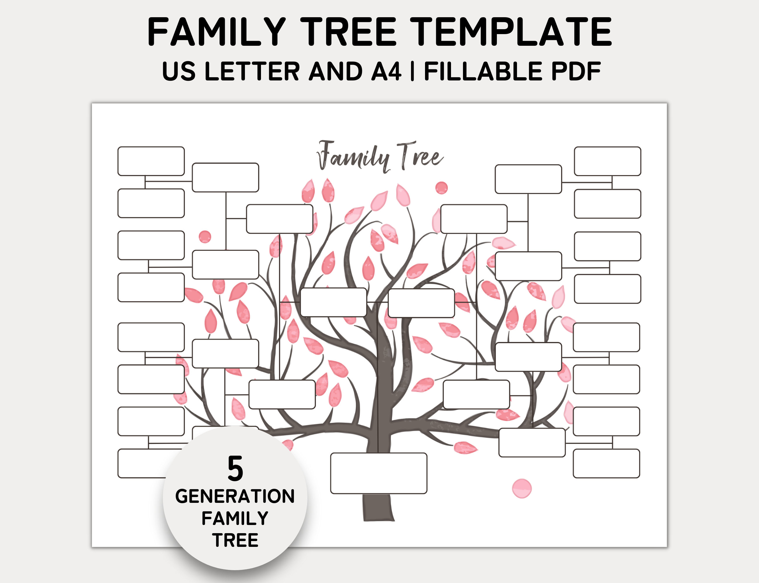 Family Tree Template 5 Generation, Family Tree Chart, Printable for Family Reunion Gifts, Pedigree Chart, Genealogy Chart, Fillable PDF