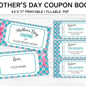Mother&#39;s Day Coupon Book, Printable Coupon Book Template, Personalized Gift for Mom, Mother&#39;s Day Coupons, Fillable PDF