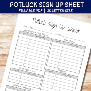 Potluck Sign Up Sheet zum Ausdrucken, Food Sign Up Sheet, Potluck Party, ausfüllbares PDF, Office Potluck Template