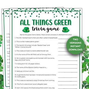 St. Patrick&#39;s Day Green Trivia Game, Printable St. Patrick&#39;s Day Games, All Things Green Trivia, Family Game Night, Instant Download PDF