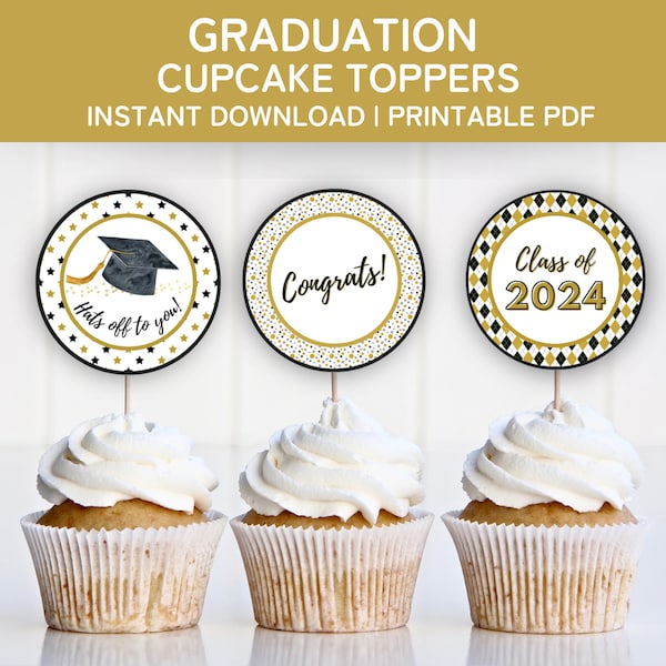 Printable Graduation Cupcake Toppers, 2024 Graduation Party Decorations, Class of 2024 Print and Cut Graduation Cupcake Toppers