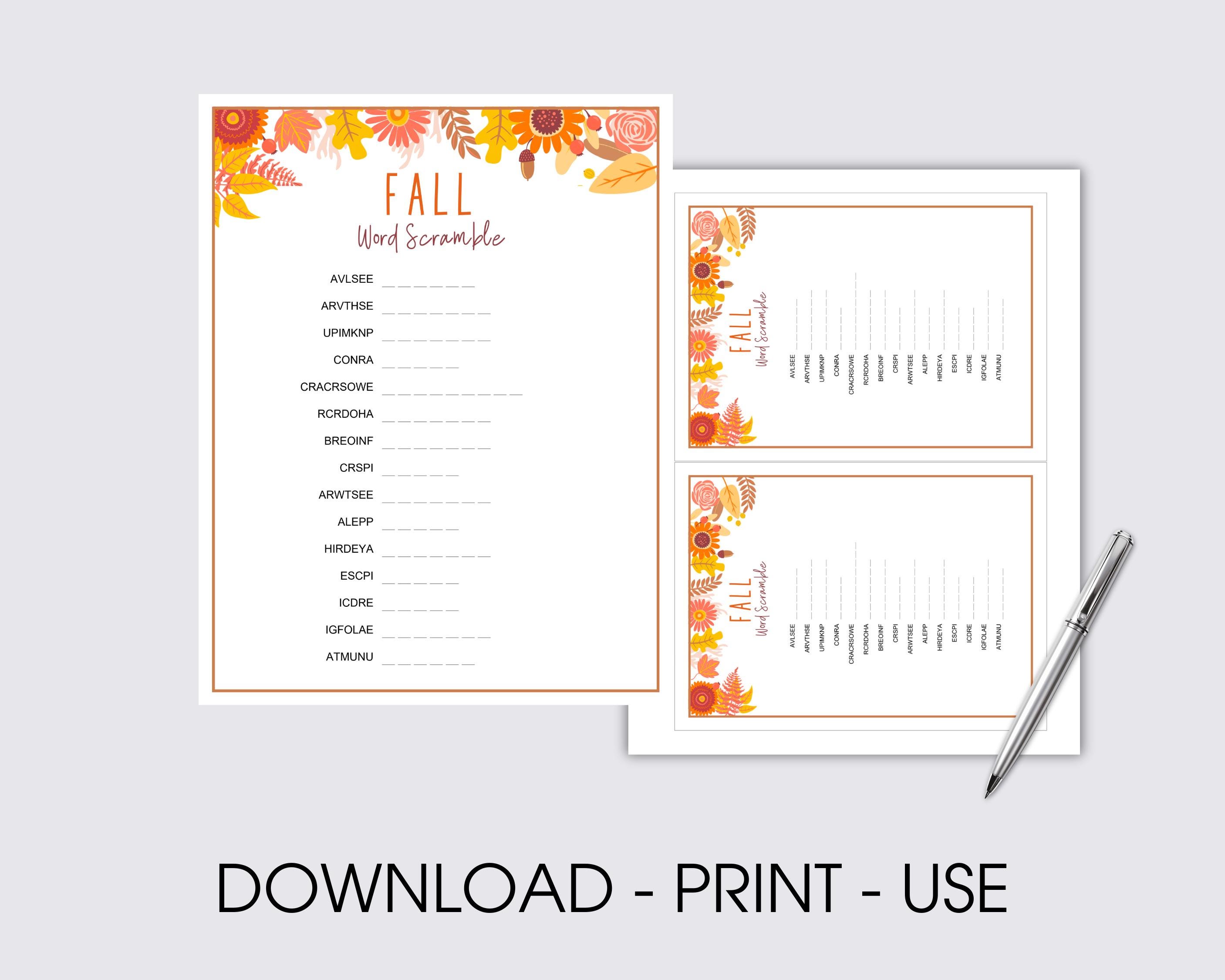 Fall Word Scramble Game, Printable Word Game, Autumn Word Puzzle Games ...
