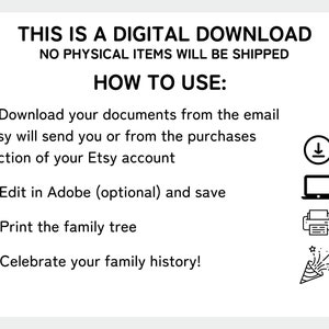 May include: A digital download guide with instructions on how to download, edit, print, and celebrate a family tree. The guide includes icons for downloading, editing, printing, and celebrating.