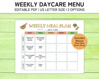 Editable Weekly Daycare Menu and Meal Planner for Preschool, Home School and In Home Daycare, Printable Meal Planner, Instant Download