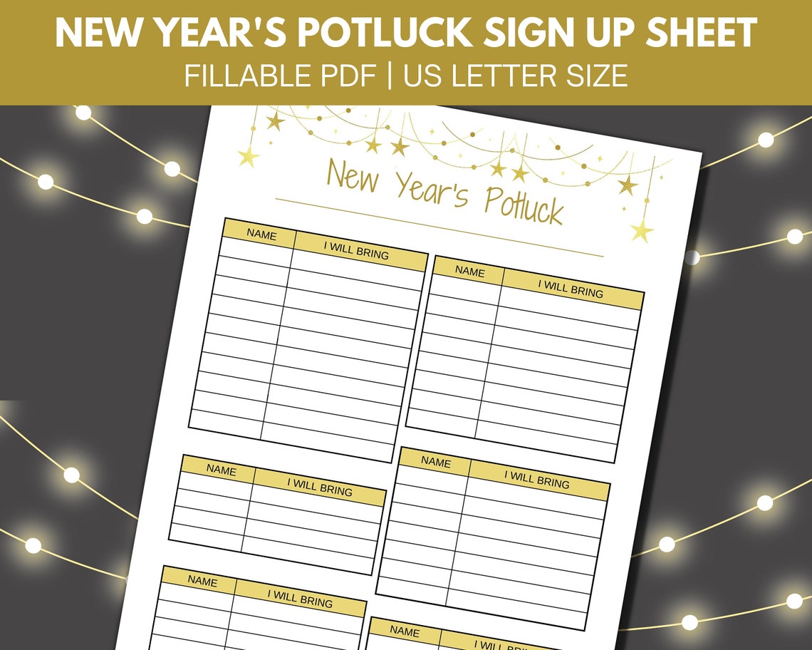 New Year's Potluck Sign up Sheet Printable, Food Sign up Sheet, New