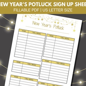 Puede incluir: Hoja de inscripción para un potluck de Año Nuevo en formato PDF imprimible. La hoja tiene cuatro secciones con columnas para los nombres y lo que traerán al potluck.