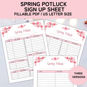 Spring Potluck Sign Up Sheet Printable, Food Sign Up Sheet, Spring Party, Fillable PDF, Office Potluck Template