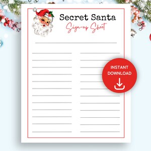 Secret Santa Sign up Sheet, Printable Secret Santa Gift Exchange ...