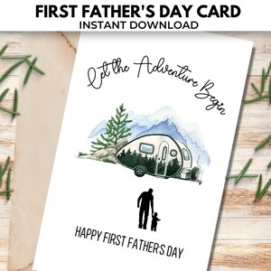 Première carte de fête des pères, PDF imprimable, carte aquarelle, que l'aventure commence, félicitations au nouveau papa, téléchargement immédiat