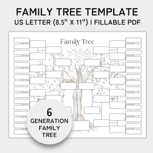 Plantilla de árbol genealógico de 6.ª generación, gráfico de árbol genealógico, regalos de reunión familiar imprimibles, pedigrí, gráfico genealógico, PDF rellenable de 8,5 x 11"
