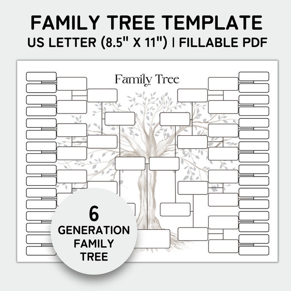 Family Tree Template 6 Generation, Family Tree Chart, Printable Family Reunion Gifts, Pedigree, Genealogy Chart, 8.5 x 11" Fillable PDF