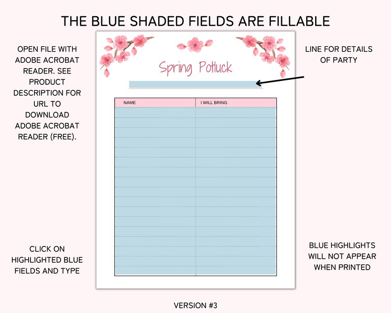 Spring Potluck Sign up Sheet Printable, Food Sign up Sheet, Spring ...