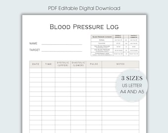 Blood Pressure Log, Printable and Editable PDF Daily Blood Pressure Chart, Blood Pressure Tracker