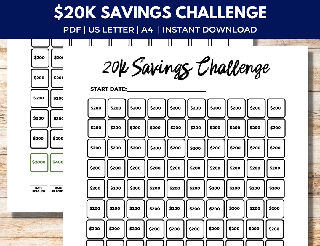 Printable 20K Savings Challenge, Savings Tracker, PDF, Instant Download ...