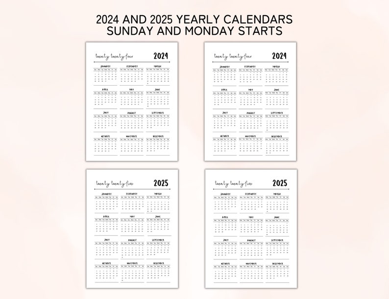 2024 - 2025 Printable Calendar, 2024 Yearly Calendar, Year on One Page ...