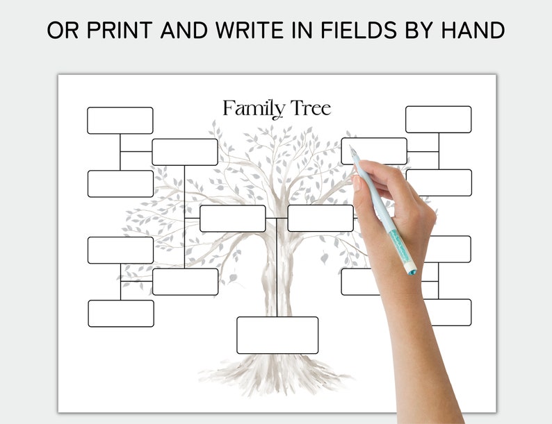 May include: A printable family tree template with a gray watercolor tree design. The template has blank spaces for names and dates. The text "Family Tree" is at the top of the page.