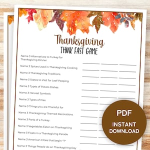 Thanksgiving Trivia Game, Think Fast Game, Printable Games, Fall Party Games, Family Reunion Games, Adult Party Games, Icebreaker Games, PDF