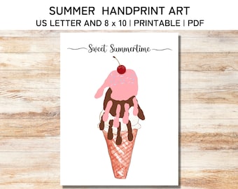 May include: Printable handprint art template featuring an ice cream cone with a pink, white, and chocolate ice cream scoop, a red cherry on top, and the text "Sweet Summertime".