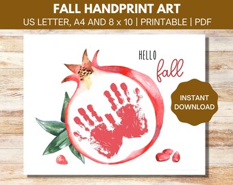 Stampe d'arte autunnali, artigianato con impronte di Hello Fall, arte del melograno, attività di impronte di mani per bambini e prescolari, download istantaneo, PDF stampabile